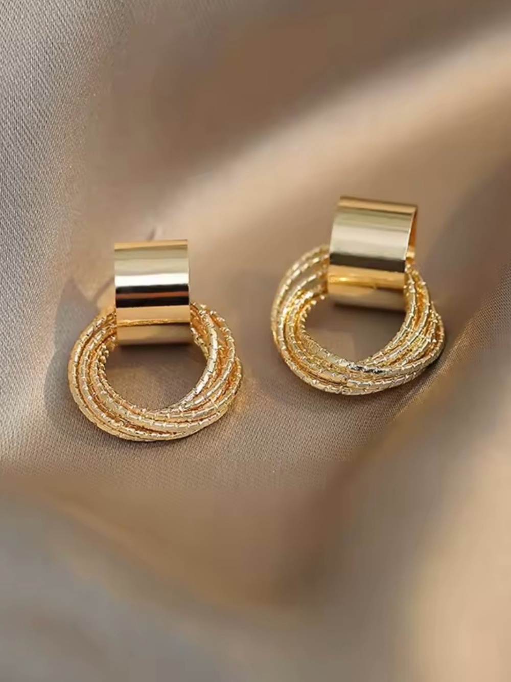 Gold Double-Ring Textured Hoop Earrings - Women Jewelry